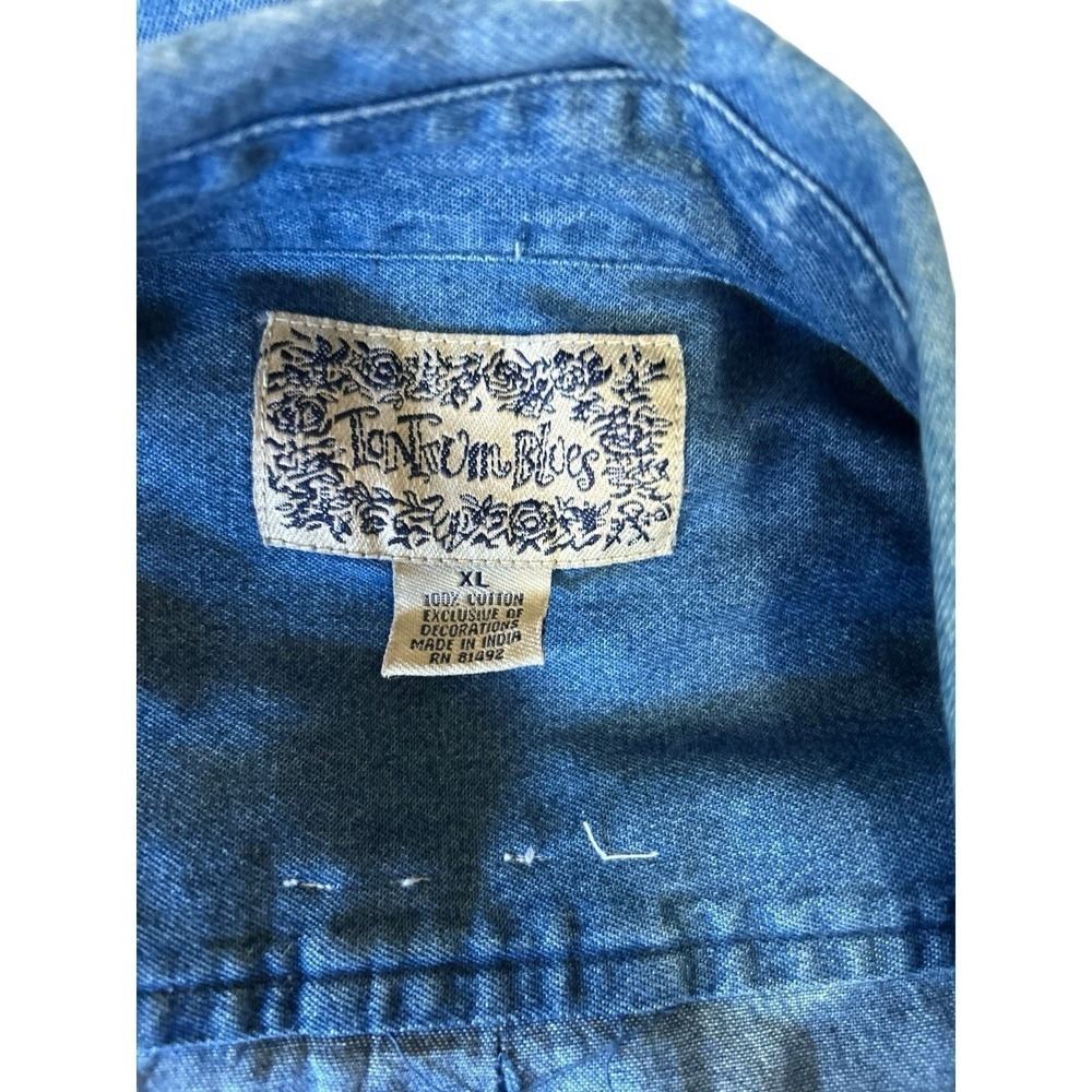 Vtg Denim Stars Stripes Shirt Top Size XL Button Up Primitive Patriotic Country - Picture 3 of 7